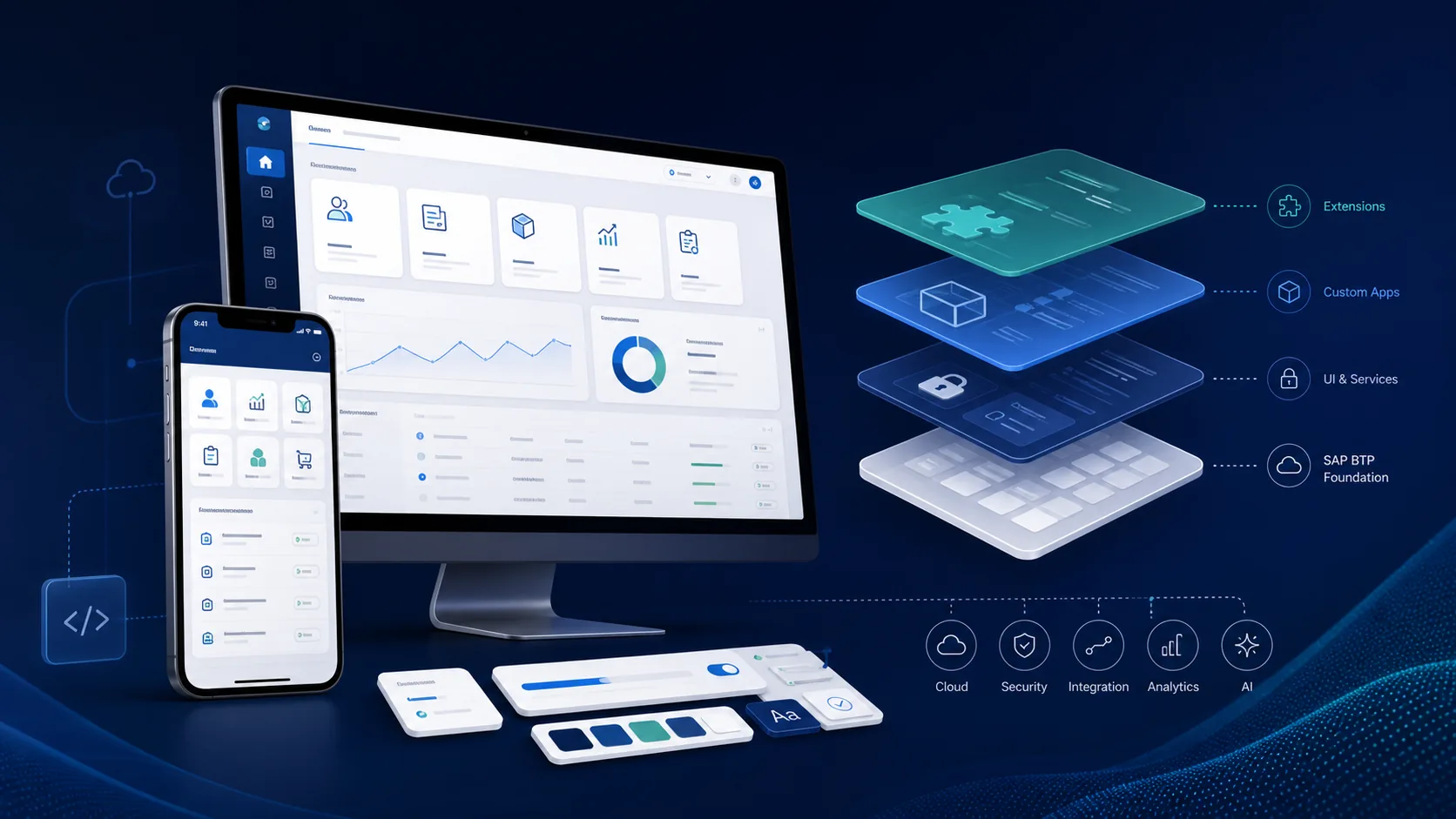 SAP BTP Fiori and UI5 enterprise application design illustration