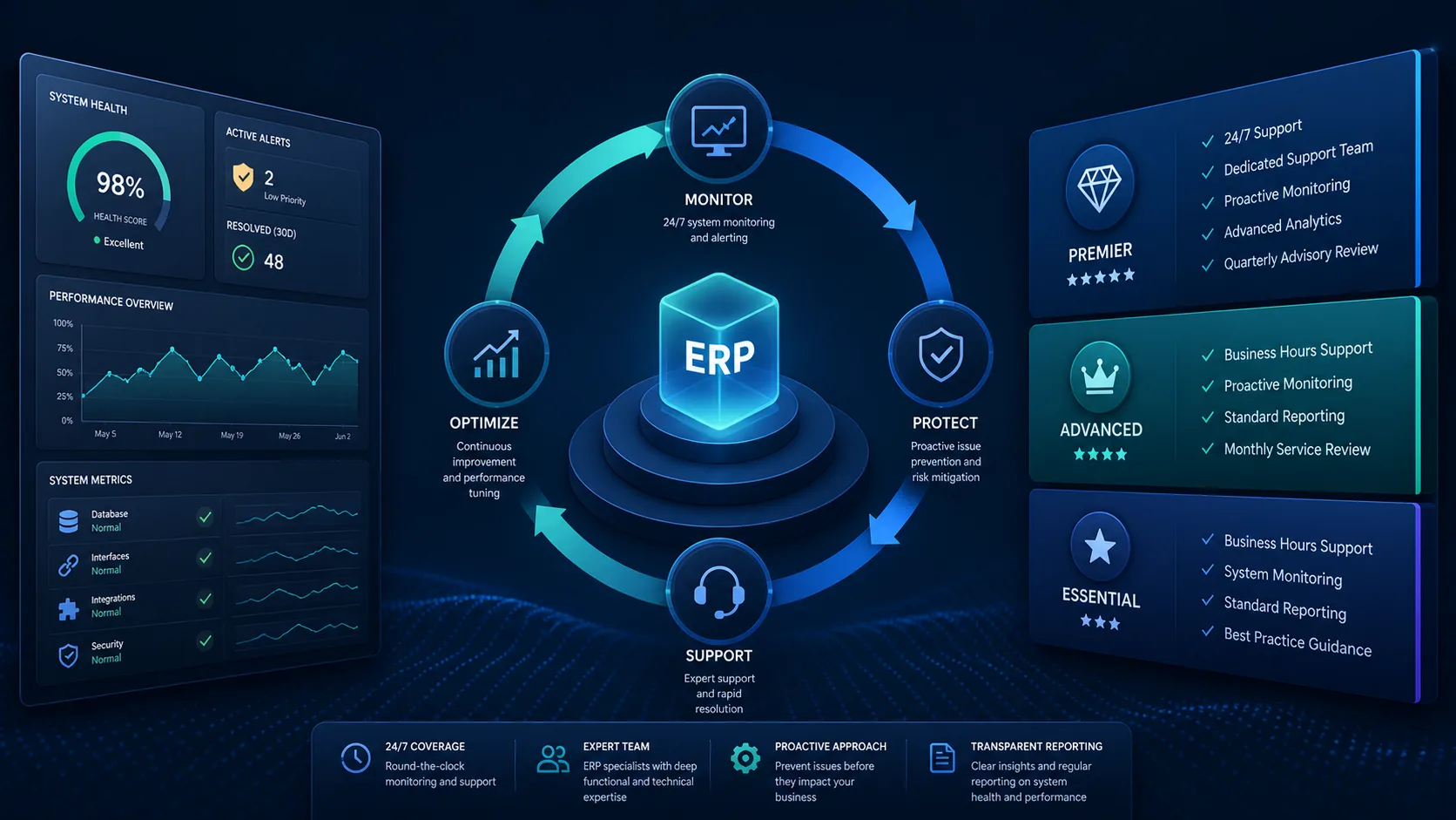Managed ERP support and proactive monitoring service flow illustration