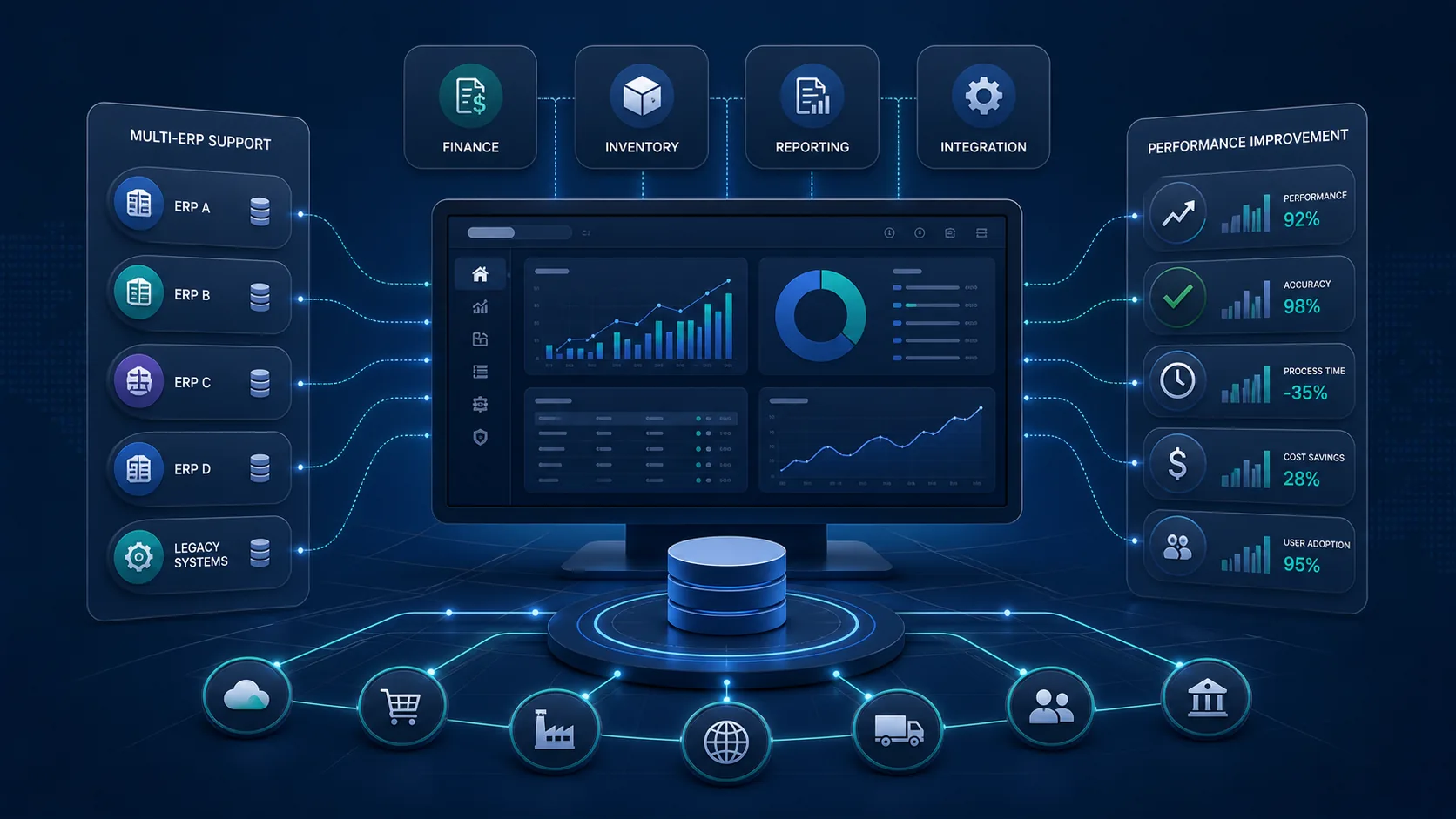 Oracle NetSuite and multi ERP optimisation dashboard illustration